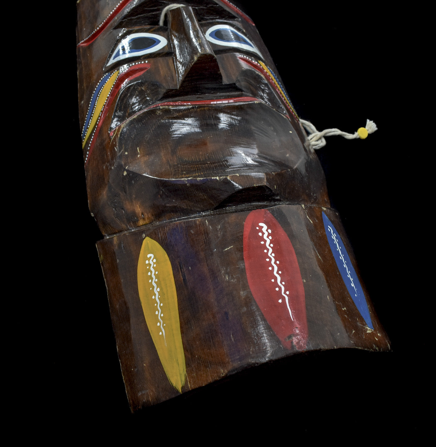 Tiki Mask Wood Artwork Handcrafted Vintage Mask Used Yellow Red Blue
