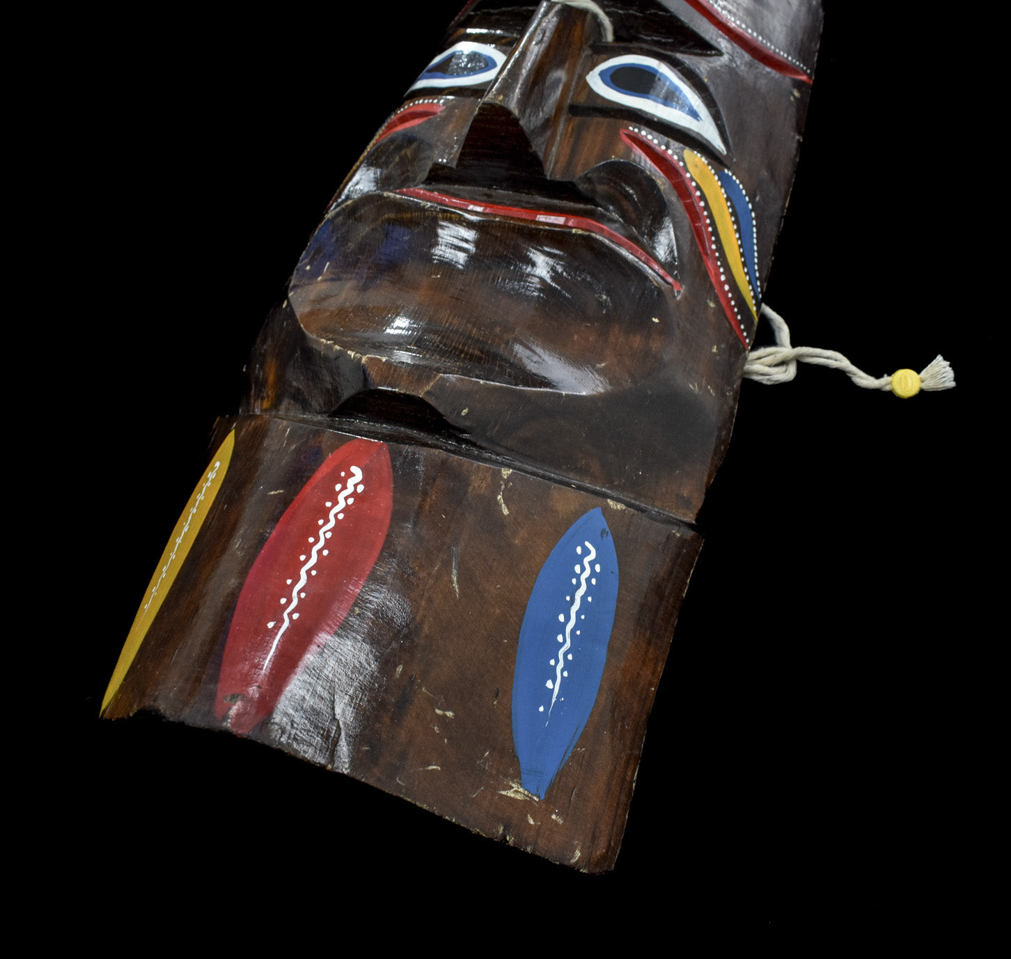 Tiki Mask Wood Artwork Handcrafted Vintage Mask Used Yellow Red Blue