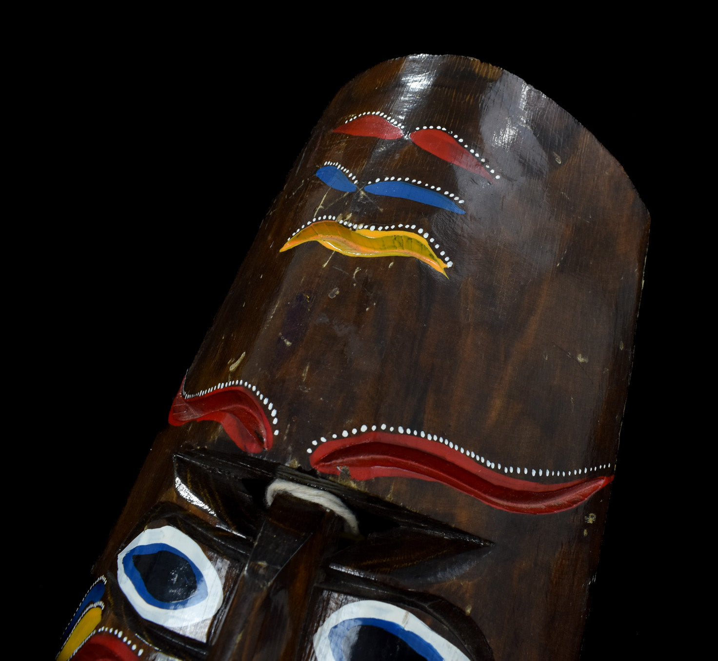 Tiki Mask Wood Artwork Handcrafted Vintage Mask Used Yellow Red Blue