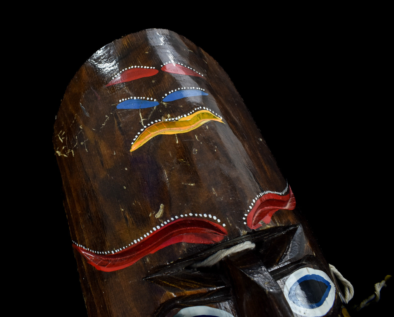 Tiki Mask Wood Artwork Handcrafted Vintage Mask Used Yellow Red Blue