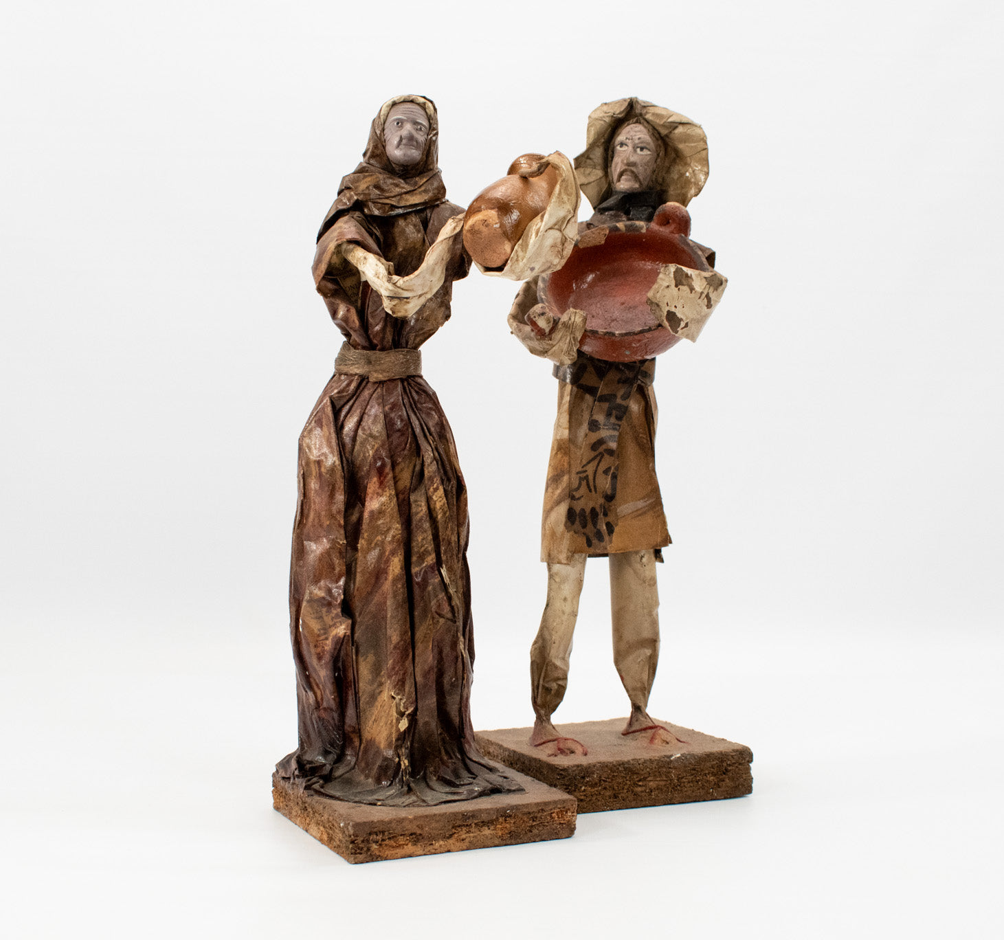 Vintage 1980's Mexican Folk Art Paper-Machete Sculpture Peasant Man & Woman