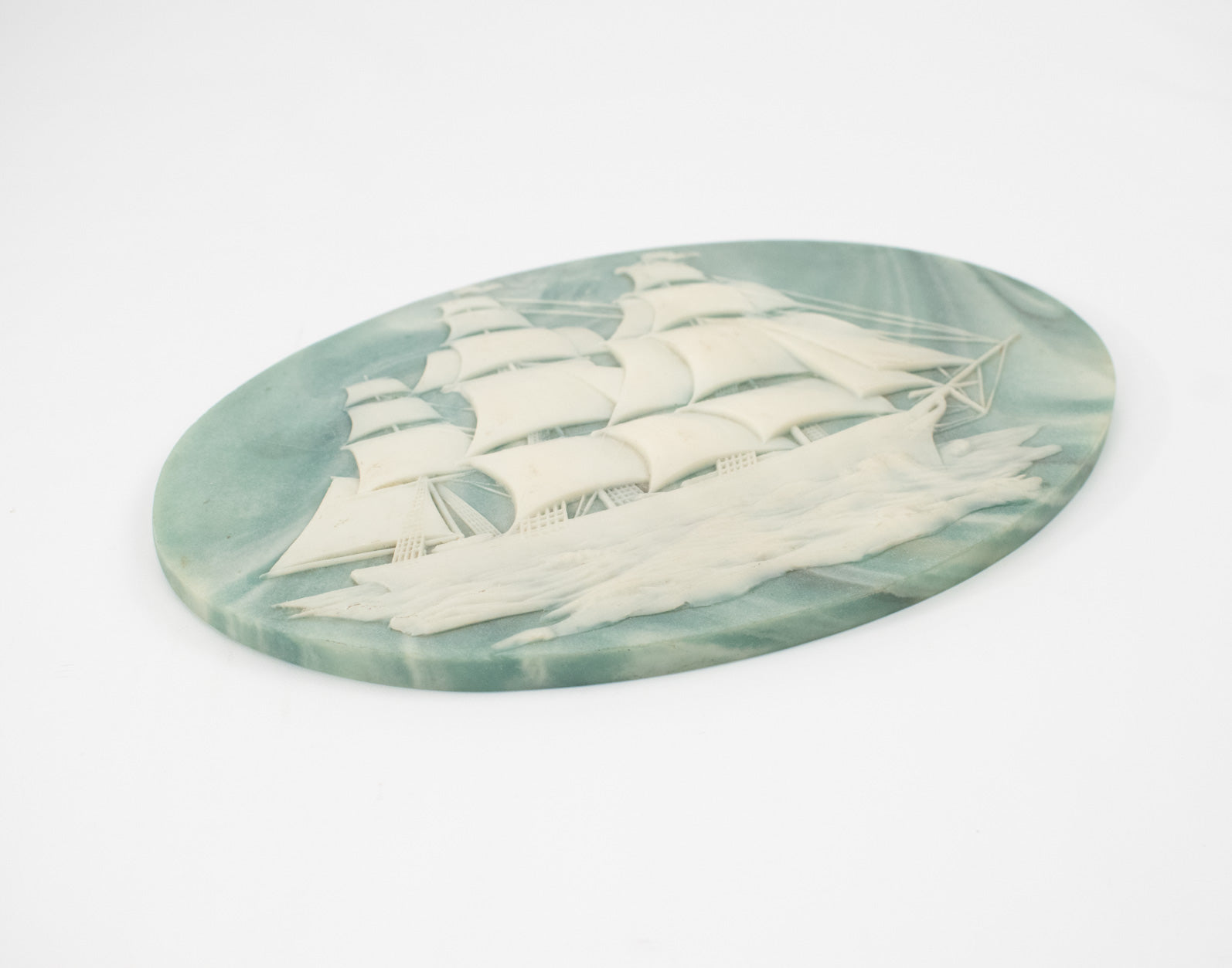 Crushed Class Blue Marble Jewelry Box Top Pirate Ship USED