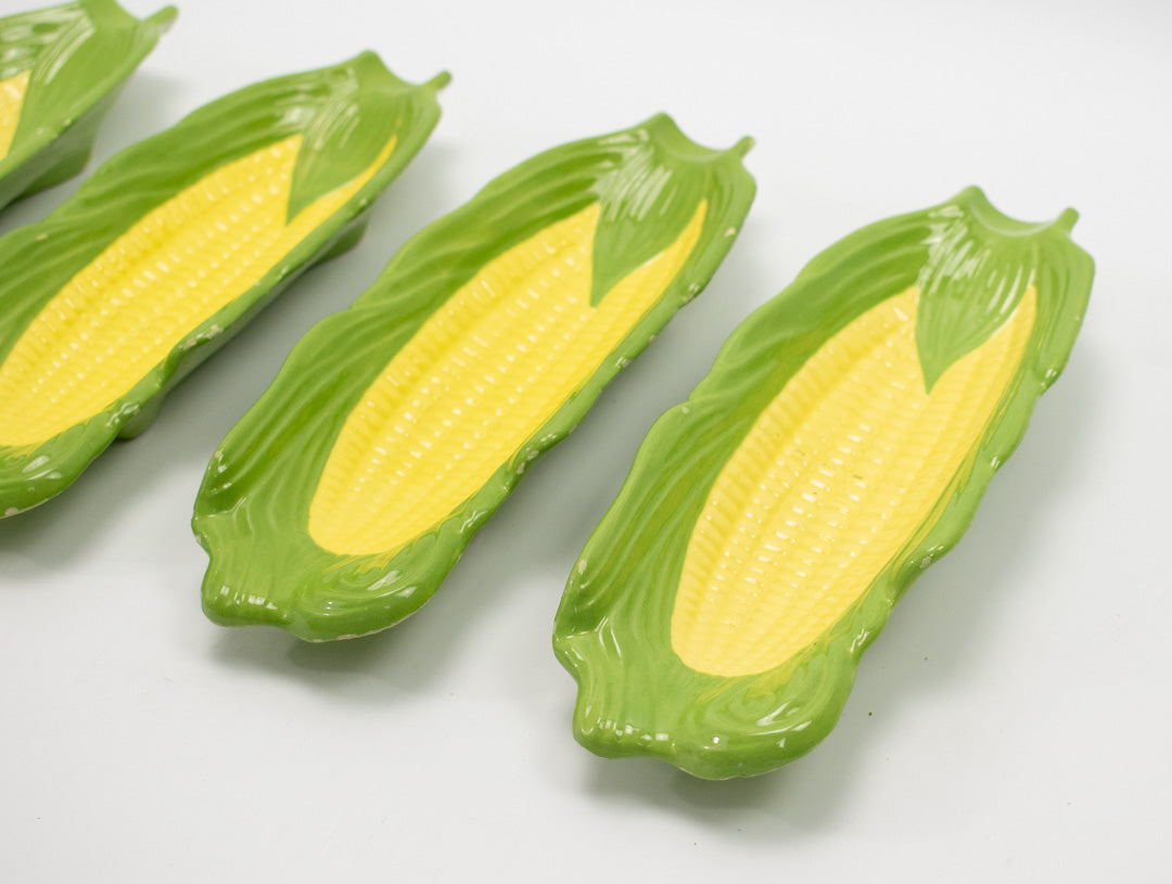 Corn Trays Vintage Ceramic Green Yellow Vintage 1981 Used Set of 4