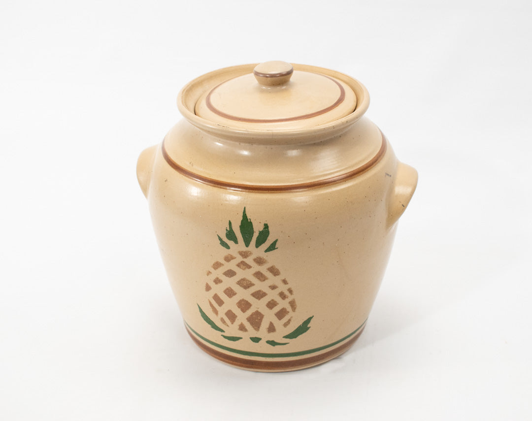 Pottery Vintage Pot and Lid Pineapple Container used 8 x 8 width AMAZING SHAPE !