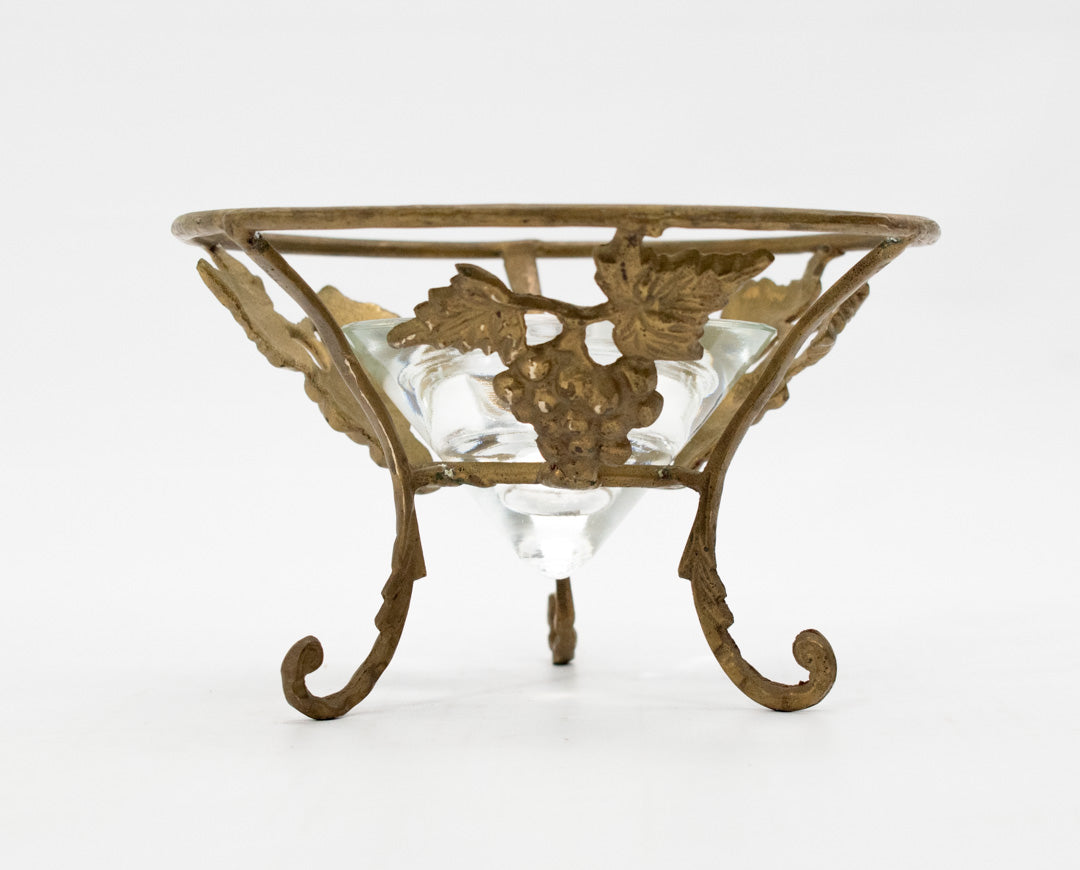 Metal Candle Holder Tray Standing Vintage Gold Brown Used Floral
