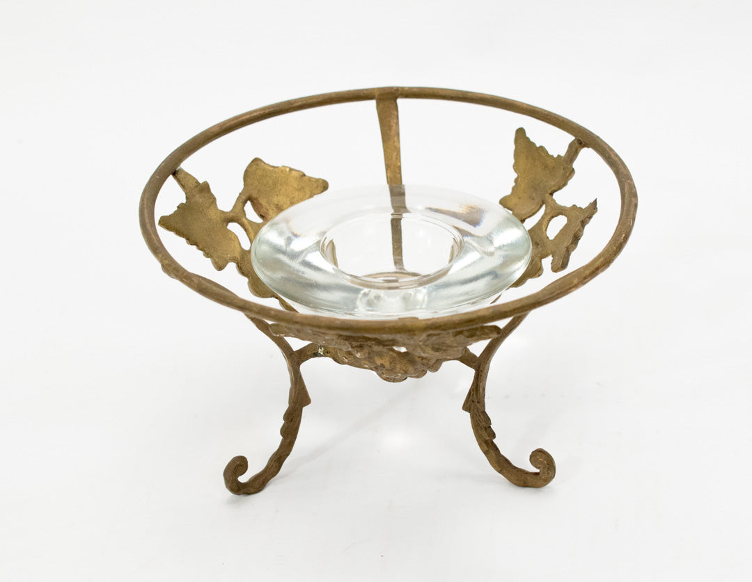 Metal Candle Holder Tray Standing Vintage Gold Brown Used Floral