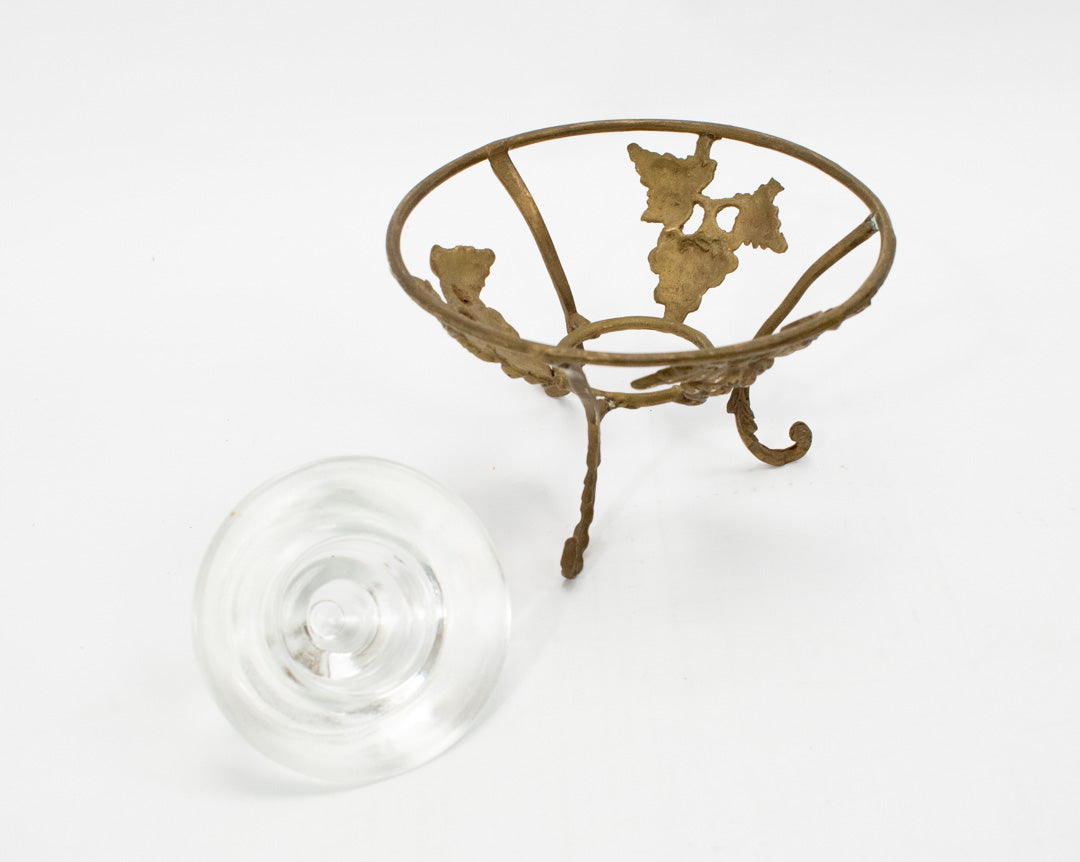 Metal Candle Holder Tray Standing Vintage Gold Brown Used Floral