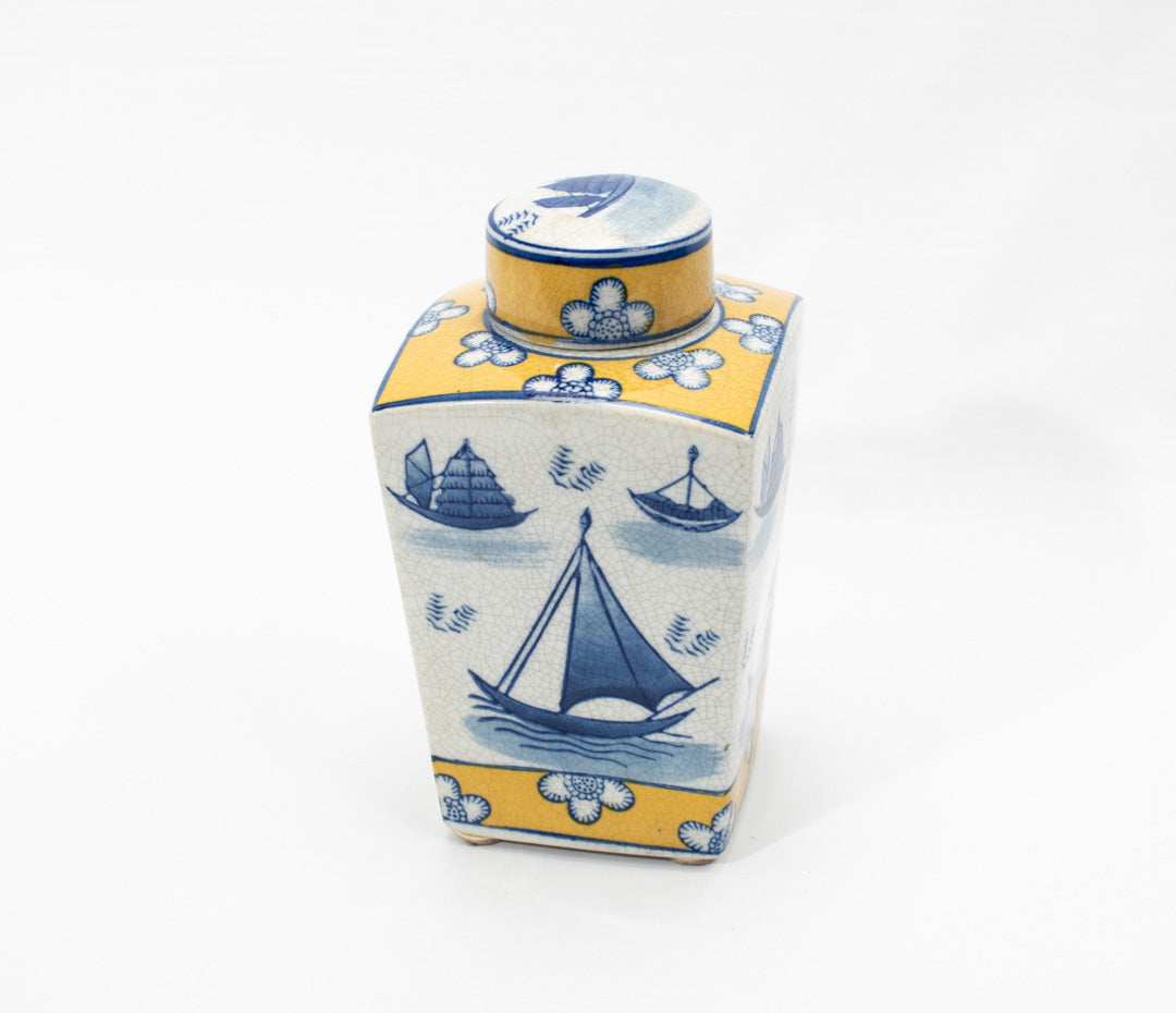 Asian Ceramic Jar Container Blue Yellow Sailboat China Home Decorative Used