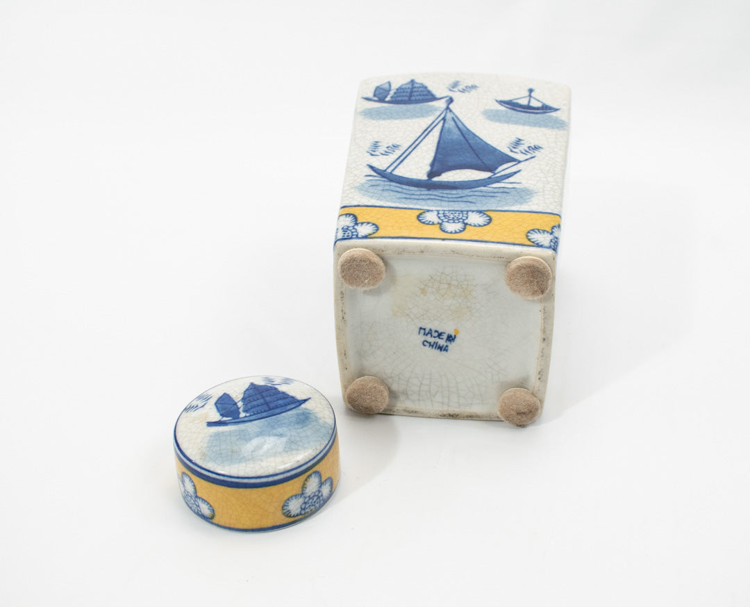 Asian Ceramic Jar Container Blue Yellow Sailboat China Home Decorative Used