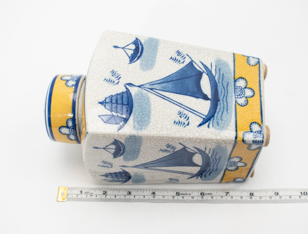 Asian Ceramic Jar Container Blue Yellow Sailboat China Home Decorative Used
