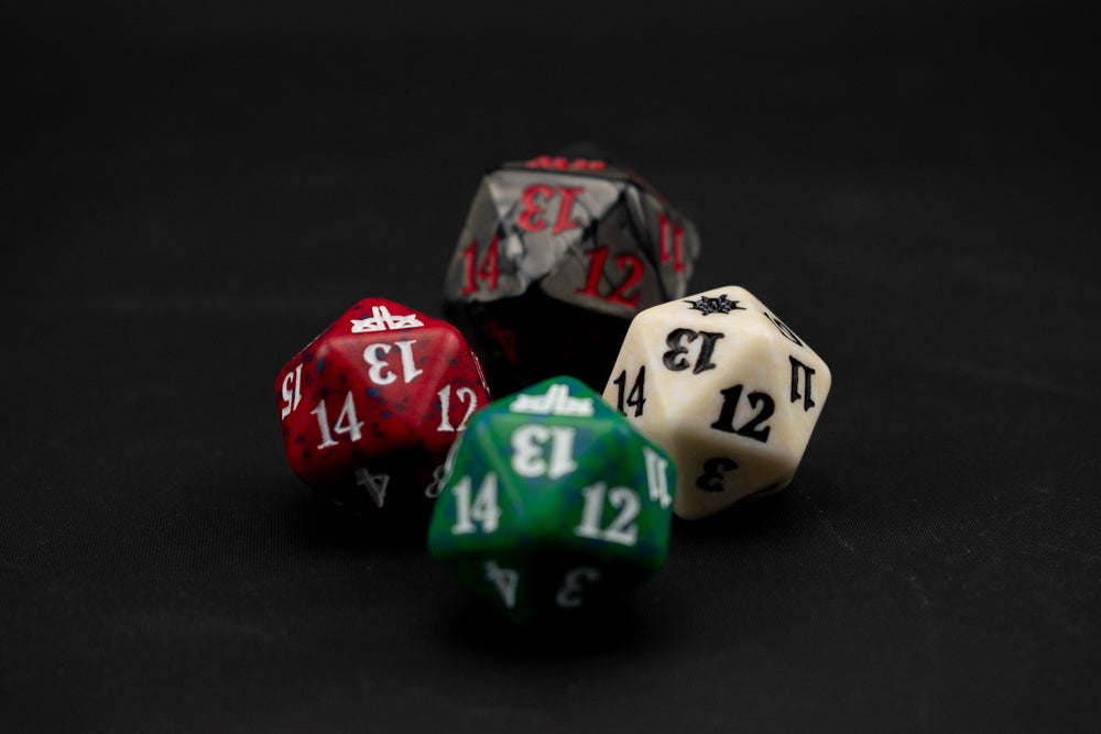 Magic The Gathering Playing Dice Set of 4 Red Green White Charcoal