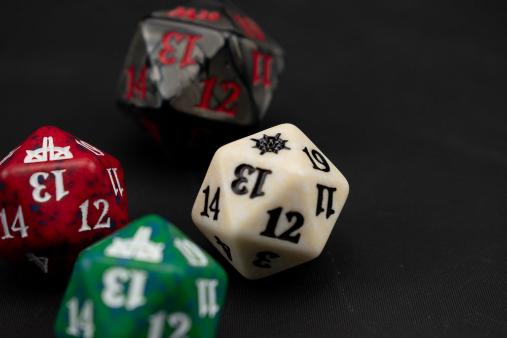 Magic The Gathering Playing Dice Set of 4 Red Green White Charcoal