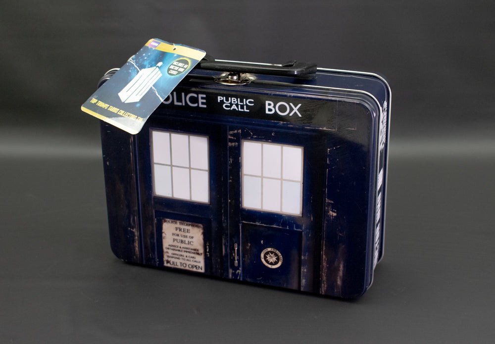 Doctor Who Top Trumps Police Box Tin Tote Lunch Box Tardis W/ Sealed Cards