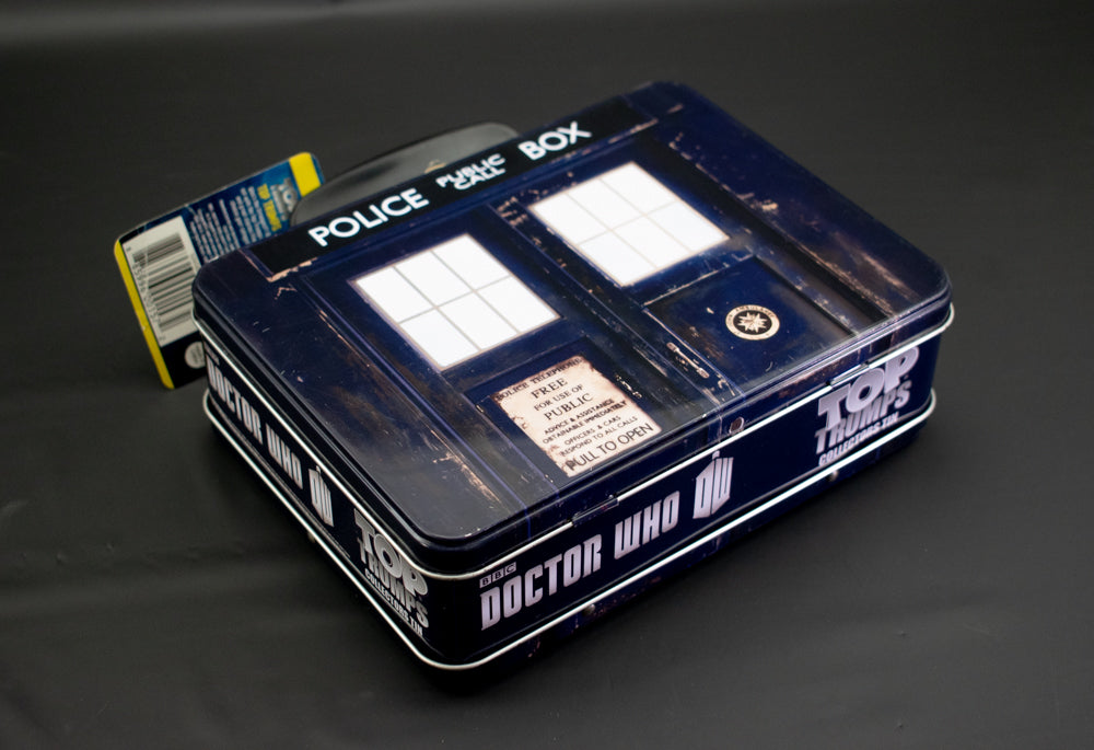 Doctor Who Top Trumps Police Box Tin Tote Lunch Box Tardis W/ Sealed Cards