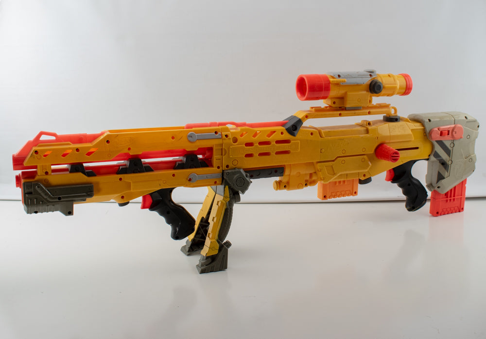 NERF N-Strike Long Shot CS-6 Blaster Rifle Gun and Front Blaster Yellow Sniper Rifle