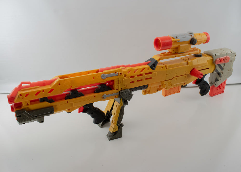 NERF N-Strike Long Shot CS-6 Blaster Rifle Gun and Front Blaster Yellow Sniper Rifle