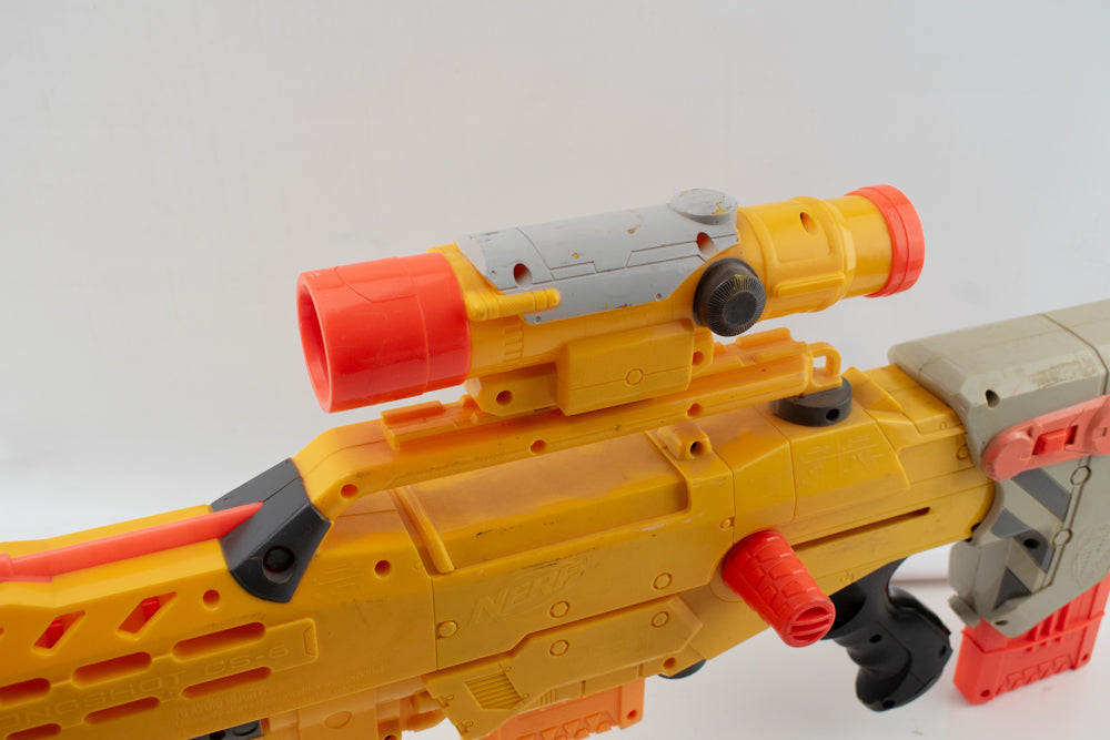 NERF N-Strike Long Shot CS-6 Blaster Rifle Gun and Front Blaster Yellow Sniper Rifle