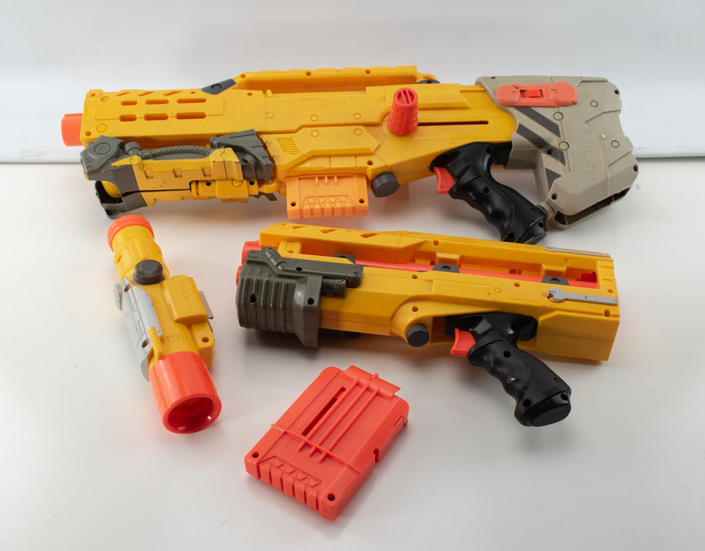 NERF N-Strike Long Shot CS-6 Blaster Rifle Gun and Front Blaster Yellow Sniper Rifle