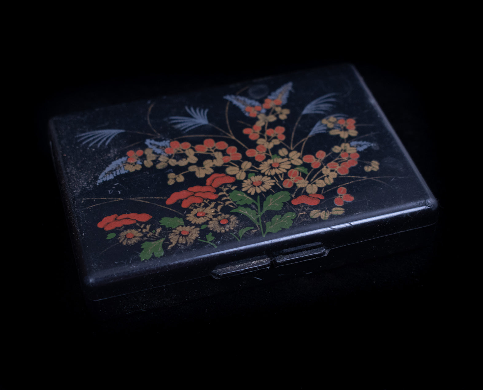 Vintage Pocket Mirror Makeup Cigarette Case Used Black Small Floral