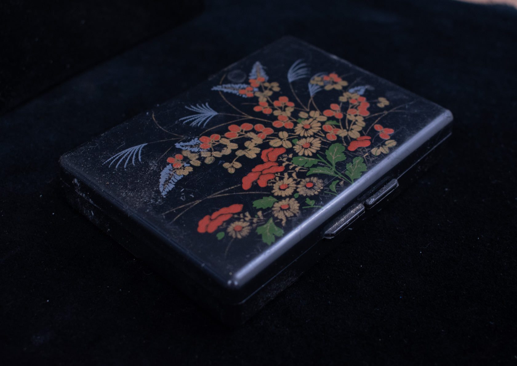 Vintage Pocket Mirror Makeup Cigarette Case Used Black Small Floral