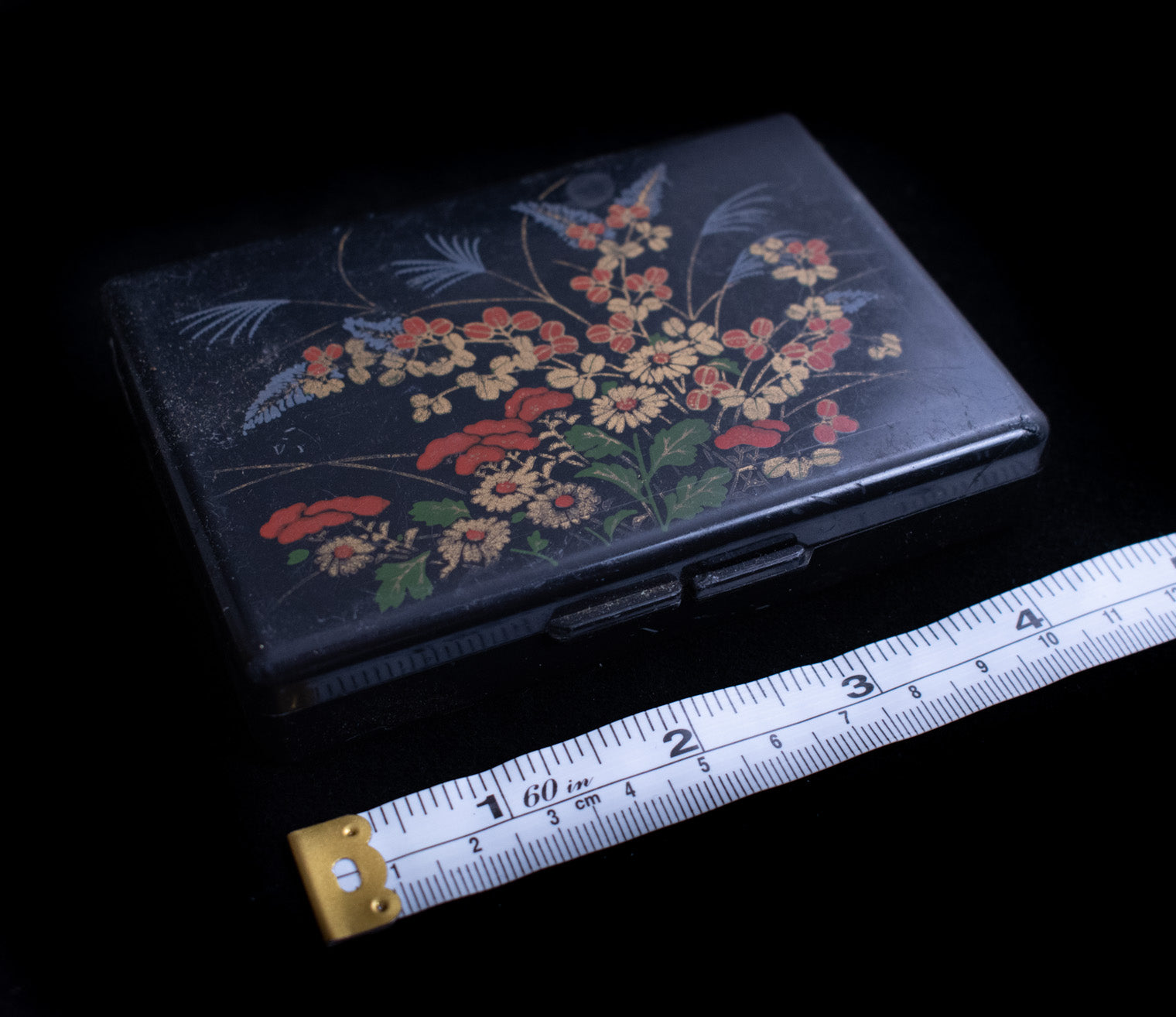 Vintage Pocket Mirror Makeup Cigarette Case Used Black Small Floral