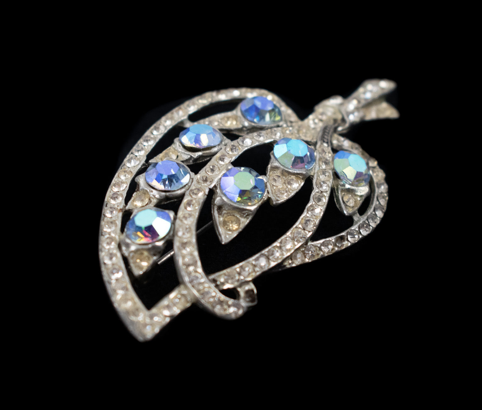 Brooch Pin Decorated Silver Blue Flashy Diamond 2 1/2 Inch Used Pin