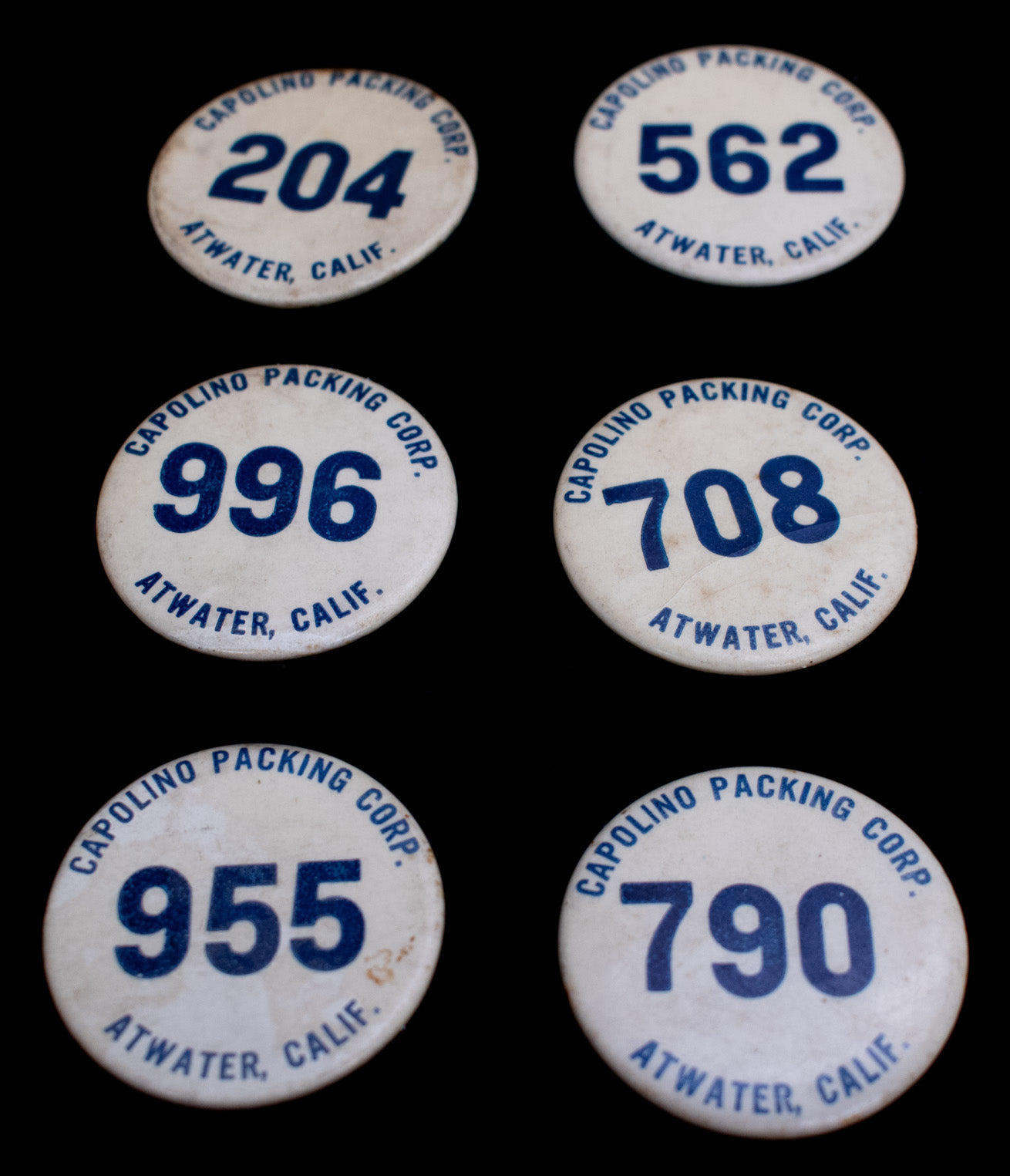 Vintage Pins Capolino Packing Corp Atwater California 6Pc Button Lot Used Union Pins