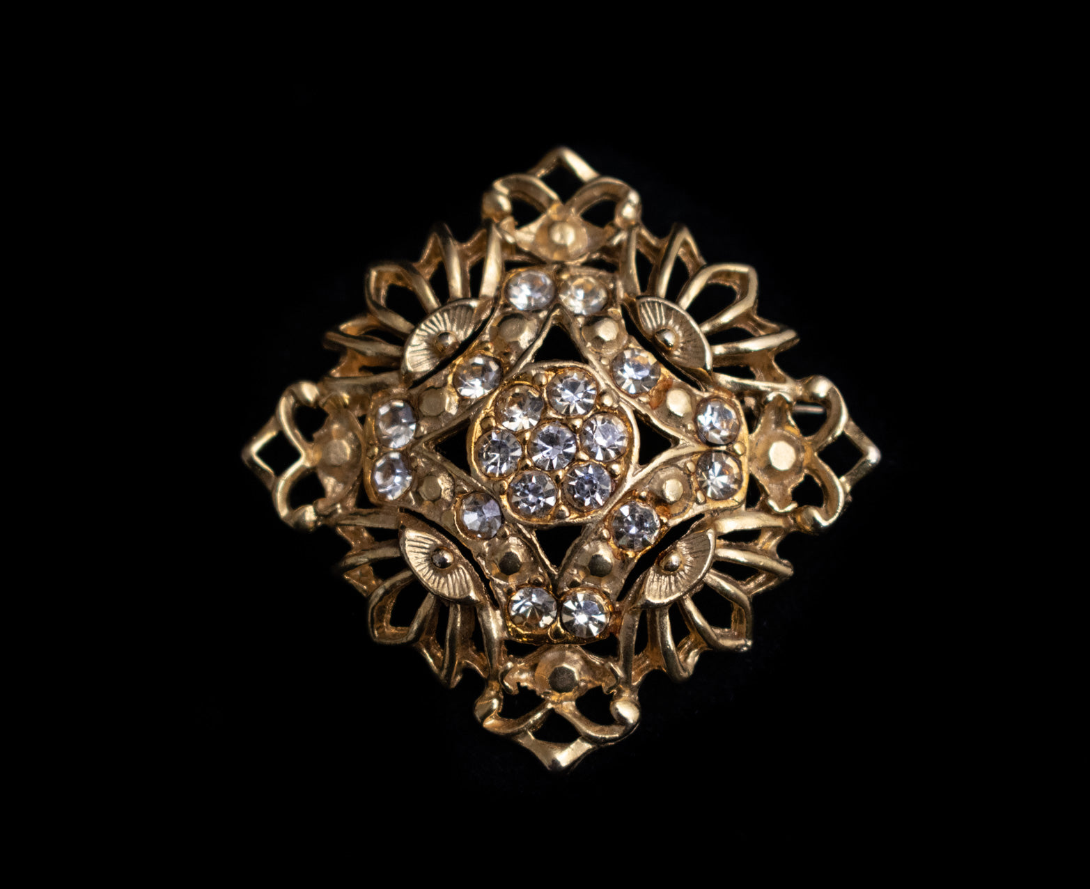 Vintage Gold Plated Diamond Cluster Brooch Pin Used