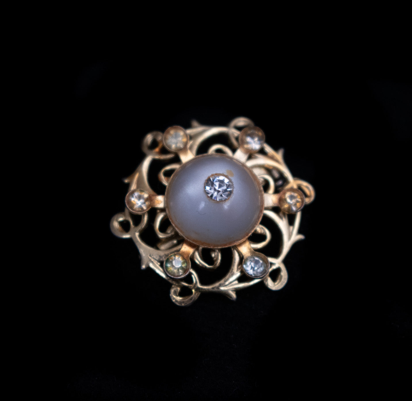Vintage Gold Plated Diamond Cluster Pearl Brooch Pin Used