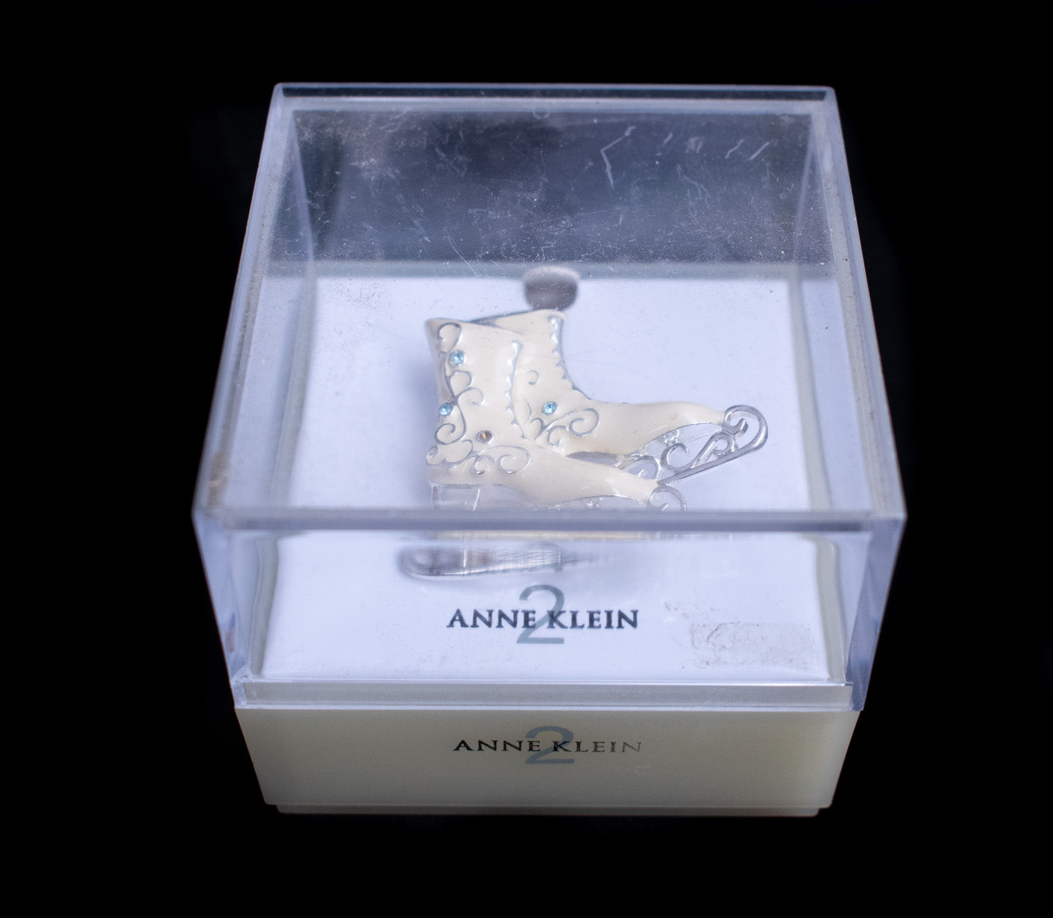 Anne Klein 2 Silvertne White Enamel Ice Skates With Blue Stones Brooch Pin Signe