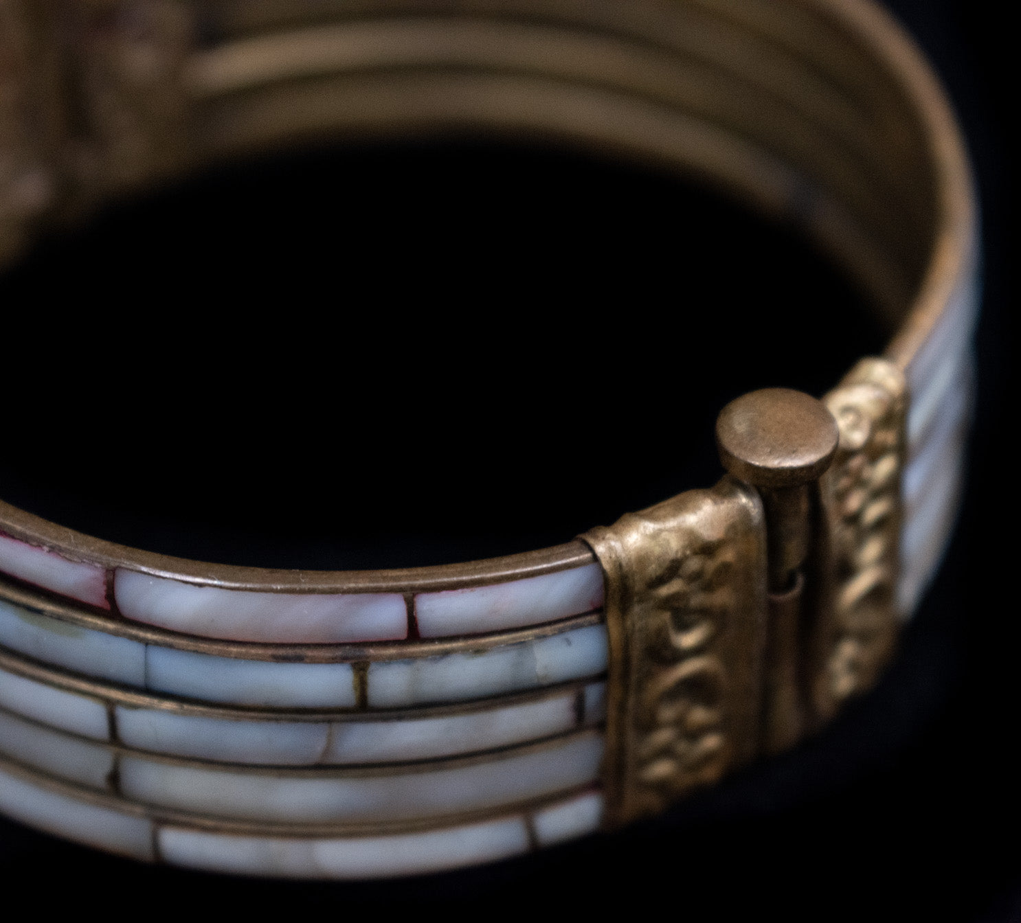 Vintage Mid-Century Multi Colored Mother of Pearl and Brass Filigree Bangle Bracelet