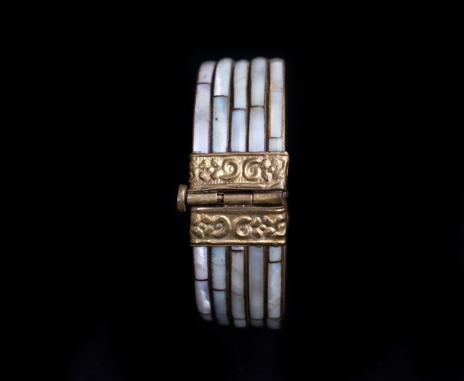 Vintage Mid-Century Multi Colored Mother of Pearl and Brass Filigree Bangle Bracelet