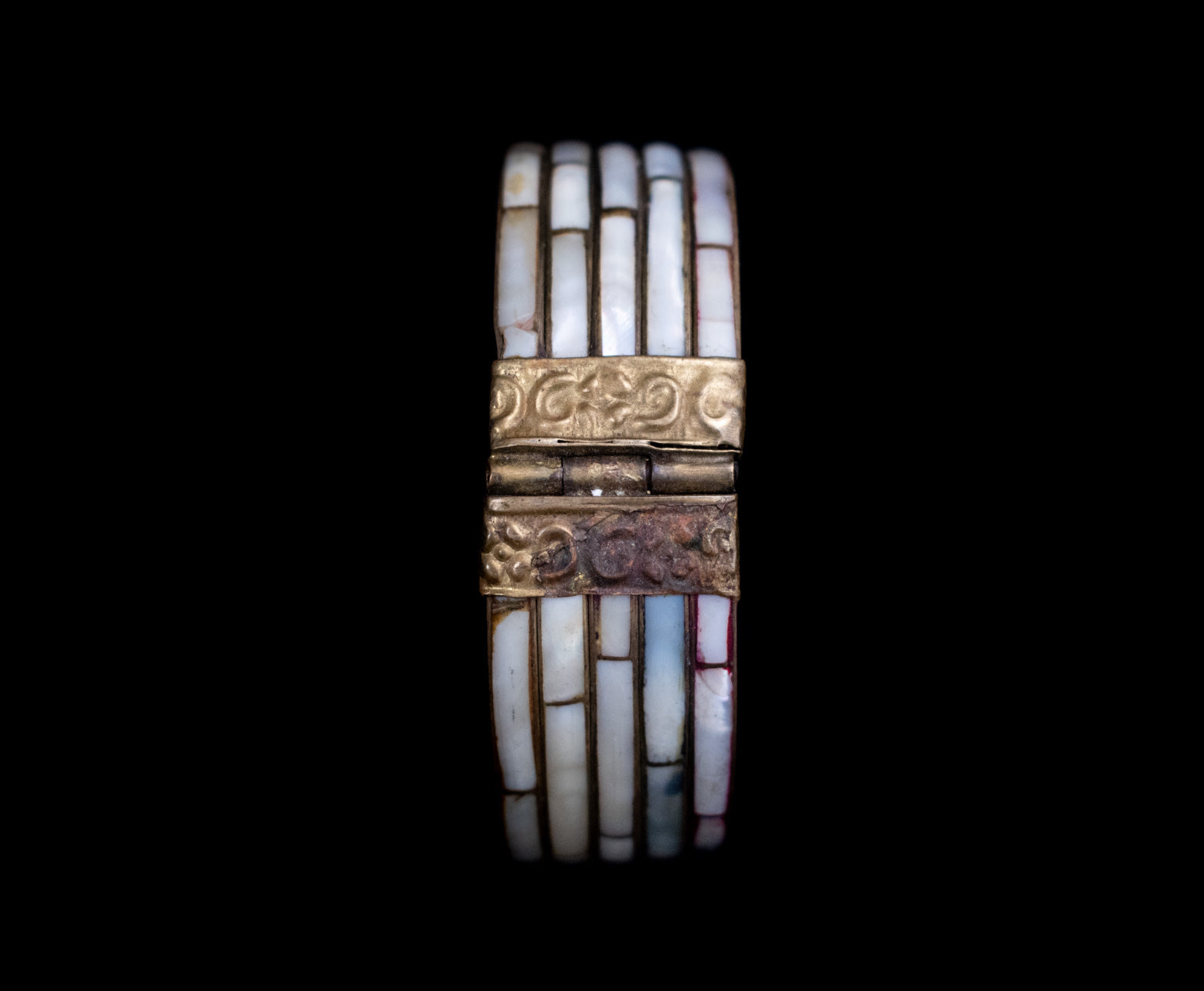 Vintage Mid-Century Multi Colored Mother of Pearl and Brass Filigree Bangle Bracelet