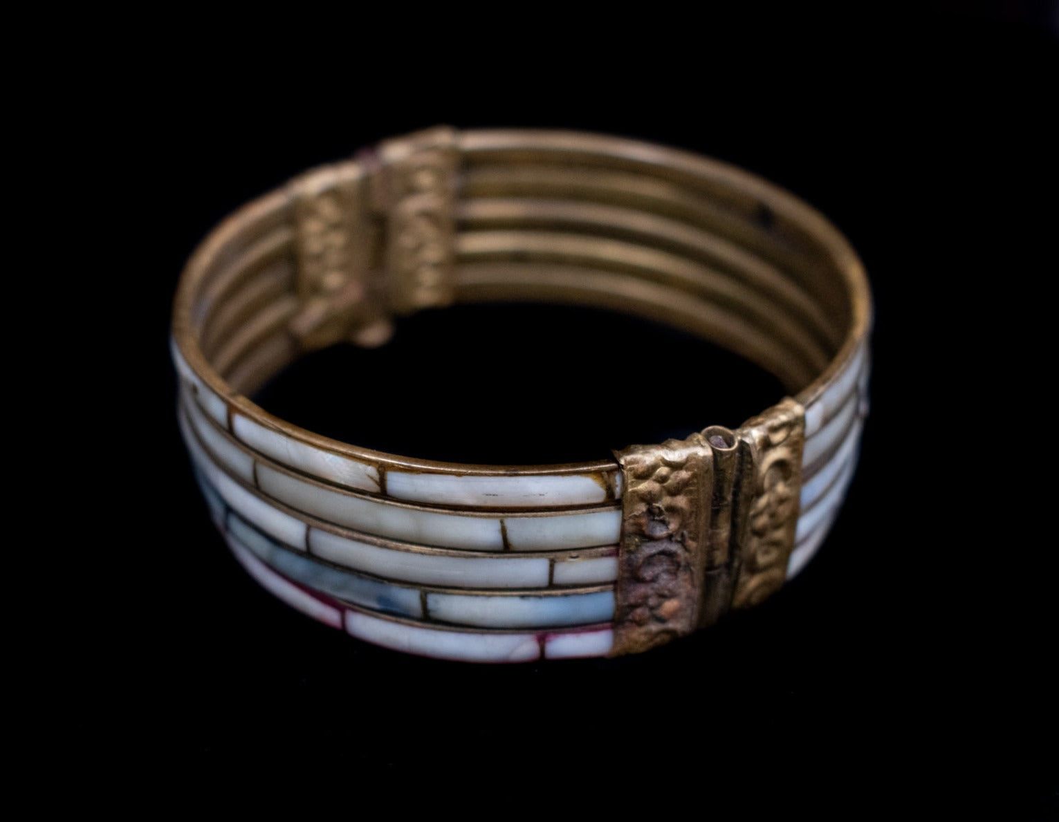Vintage Mid-Century Multi Colored Mother of Pearl and Brass Filigree Bangle Bracelet