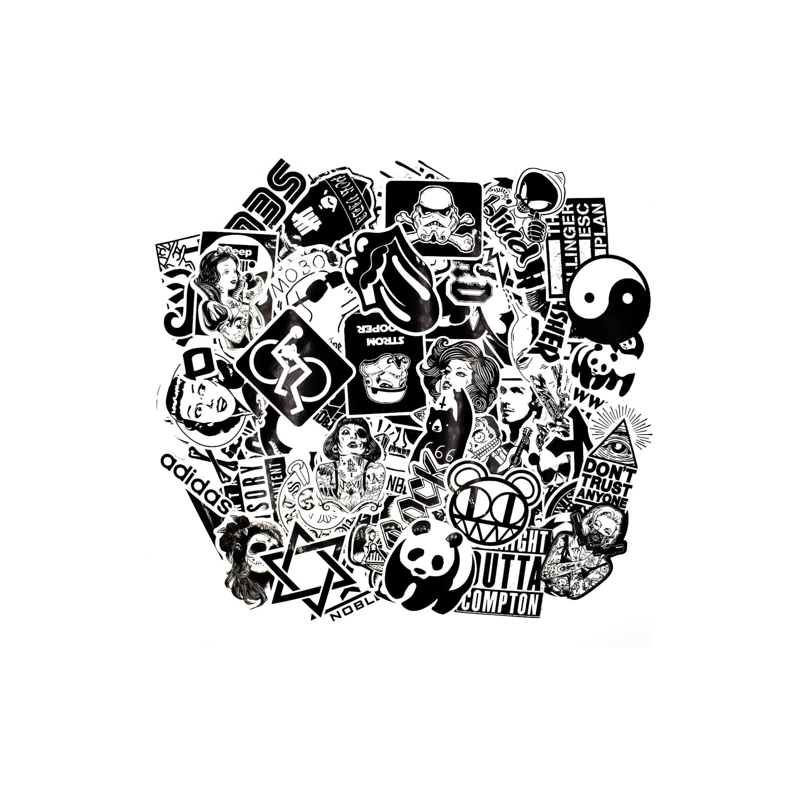 Sticker Lot Black White Mixed Size 50pc Vinyl Waterproof Set