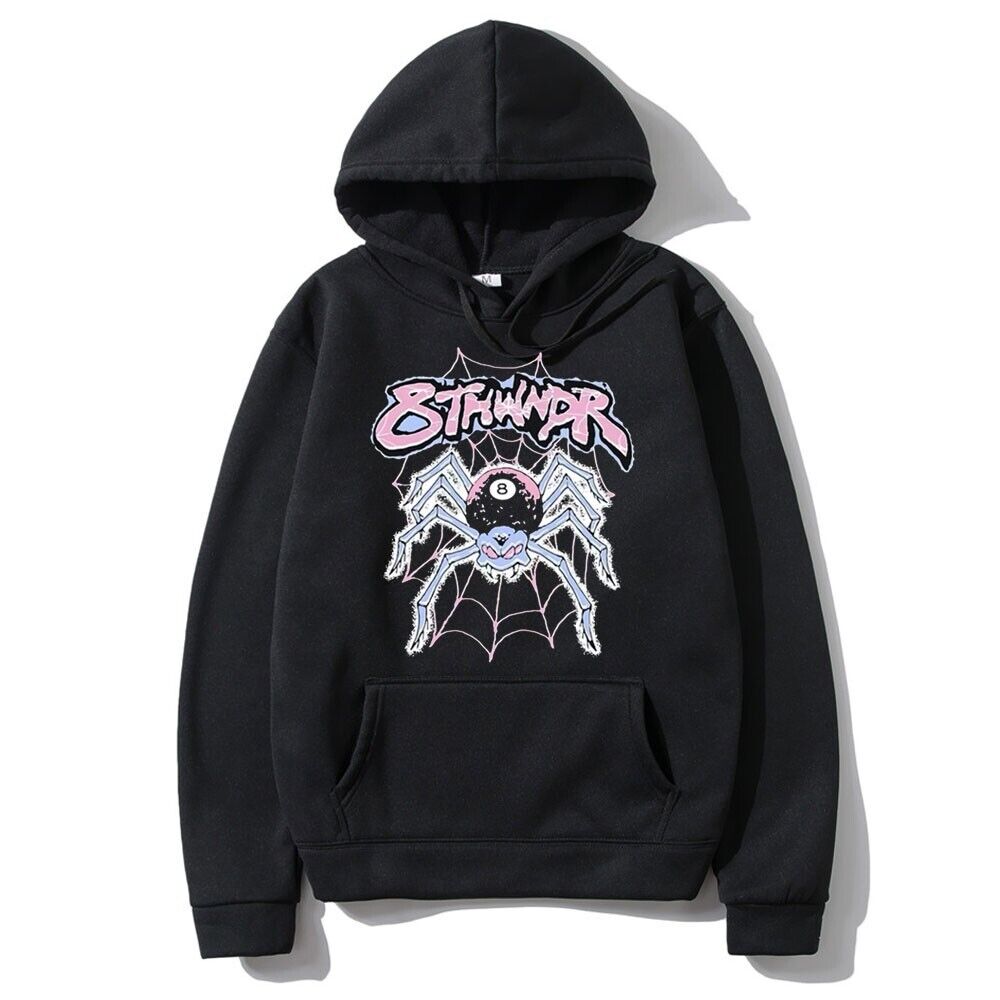 Sp5der Angel Number Spider Web Black Hoodie Fleece Hoodie Streetwear Mens Large