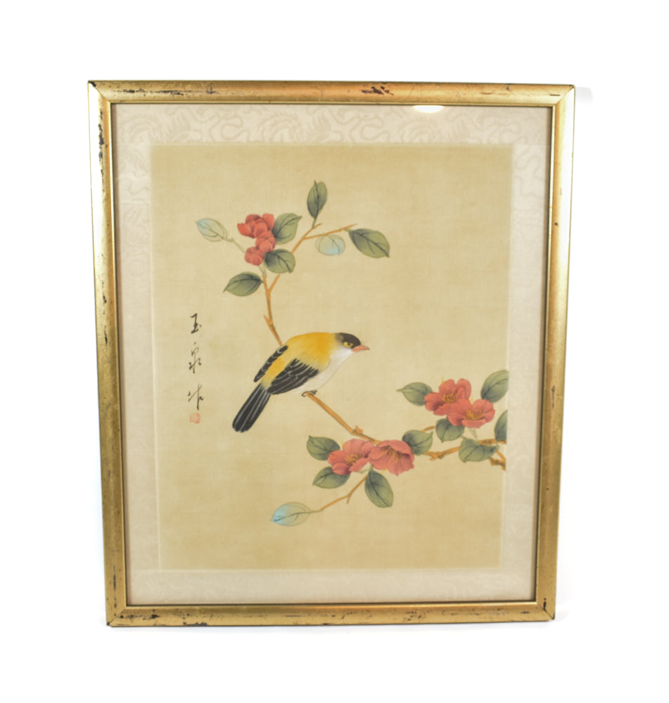 Asian Art Work Bird and Flower Branch Framed Yellow Vintage Good Luck Decor 12x14