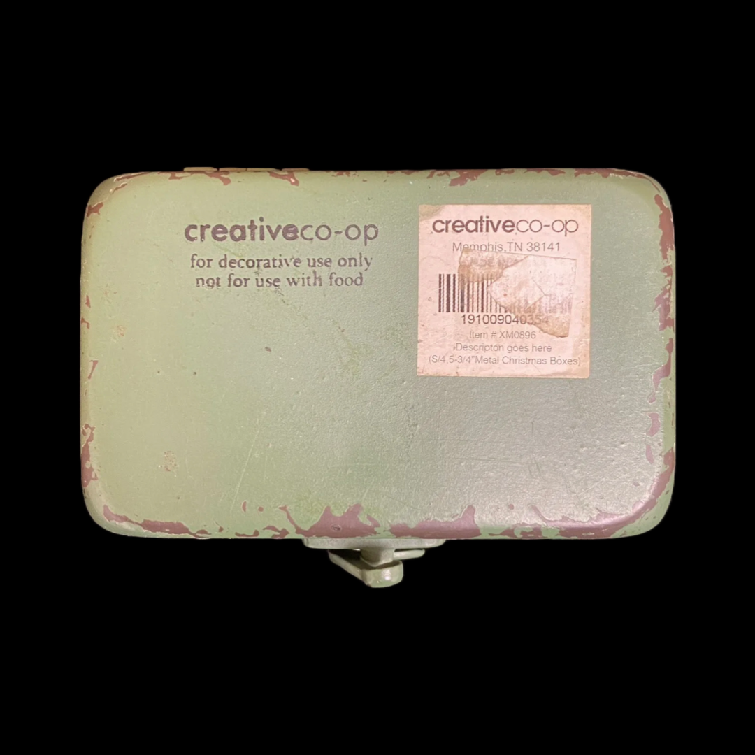 Christmas Vintage  Co-op Tin Green Box Small metal locking Used 4 Inches Long