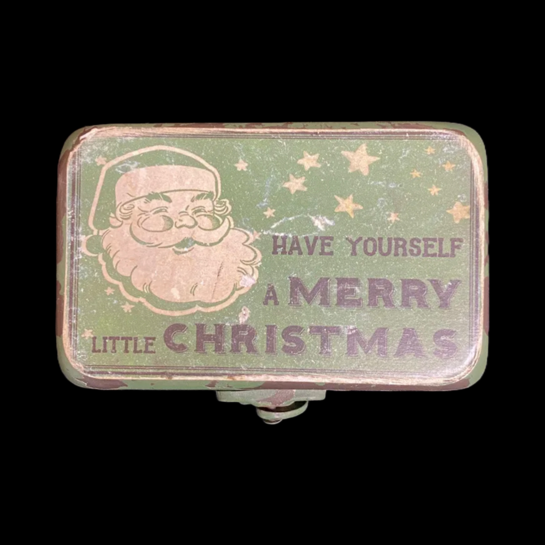Christmas Vintage  Co-op Tin Green Box Small metal locking Used 4 Inches Long