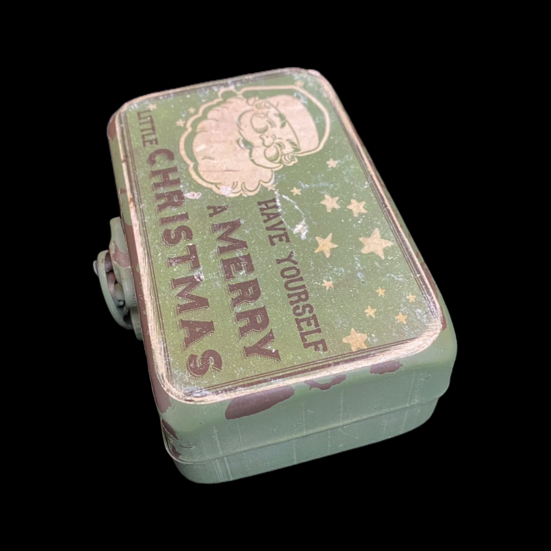 Christmas Vintage  Co-op Tin Green Box Small metal locking Used 4 Inches Long