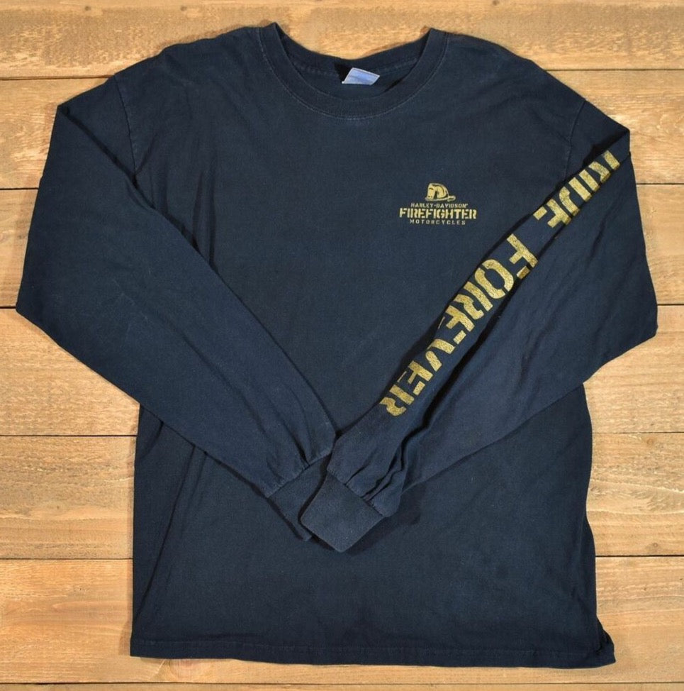 Harley Davidson Fire Fighter Motorcycle Large Shirt Mens Long Sleeve Used Mens A