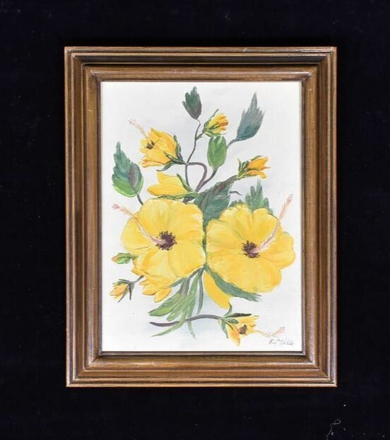 Flowers Fine Art painting Canvas Framed Yellow Painted Flower 12 x 15 Inch Signe