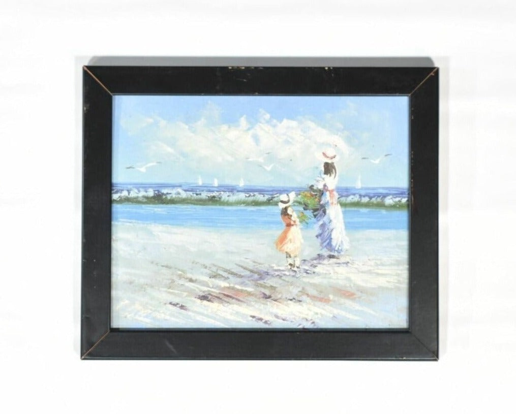 Hand Painted Canvas Art Framed People Scenery View Original Beach side Ocean