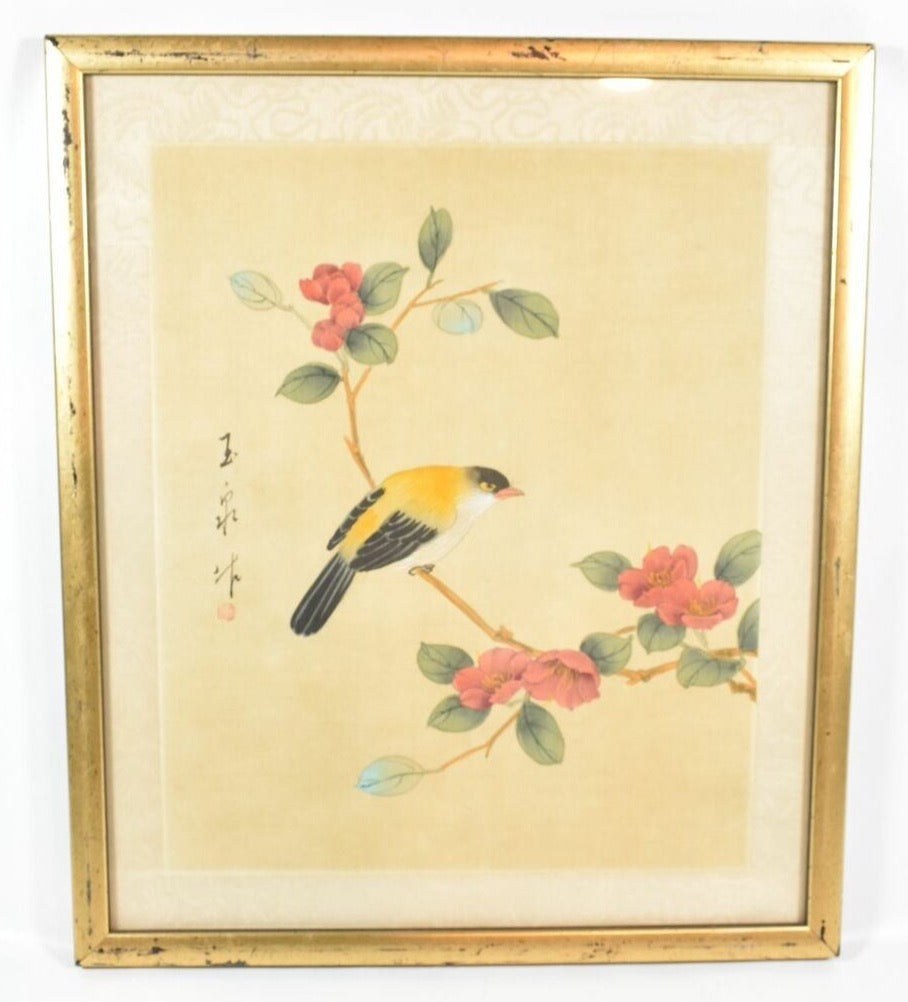 Asian Art Work Bird and flower branch Framed used 12 x 14 Framed