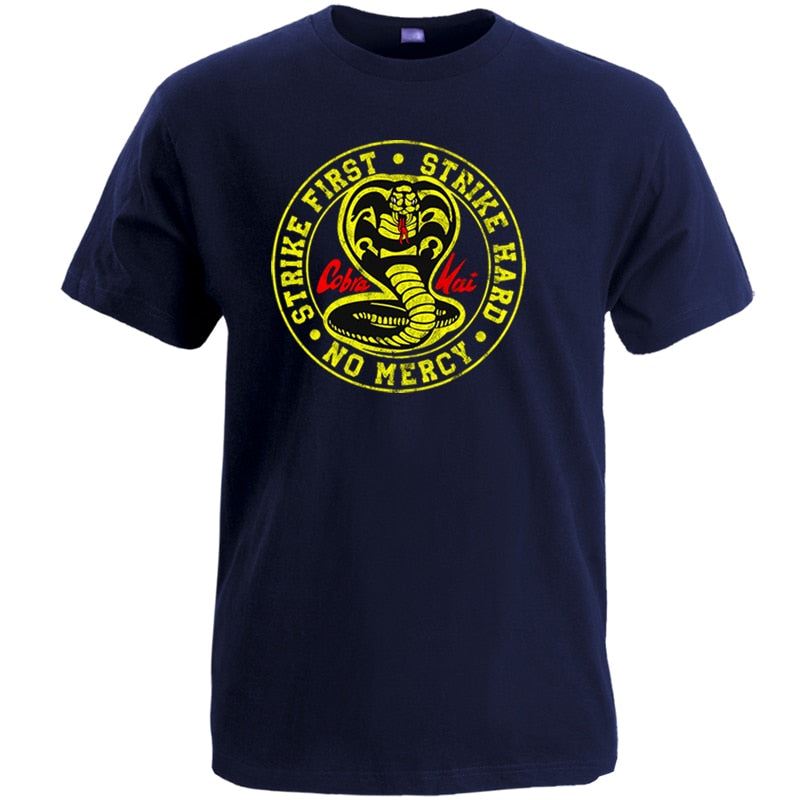 Cobra Kai T Shirt Men Strike First Strike Hard No Mercy Tshirt Shirts Cotton Sum