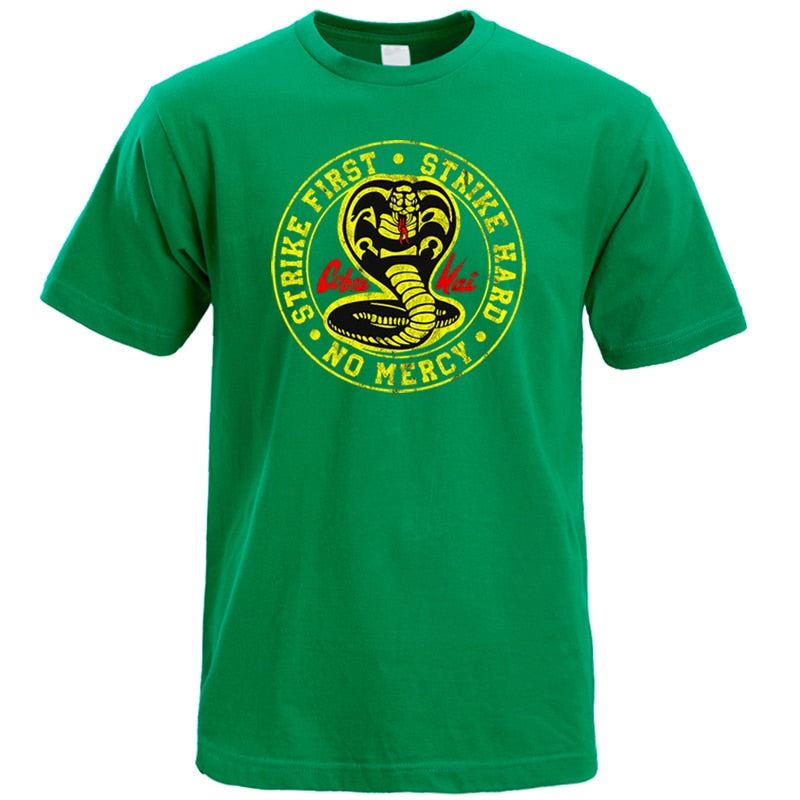 Cobra Kai T Shirt Men Strike First Strike Hard No Mercy Tshirt Shirts Cotton Sum
