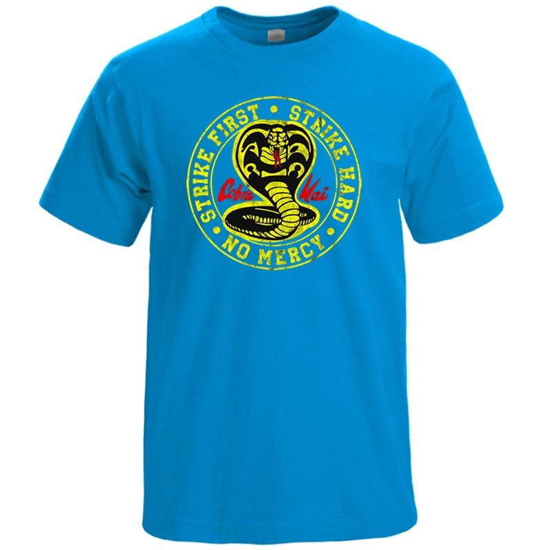 Cobra Kai T Shirt Men Strike First Strike Hard No Mercy Tshirt Shirts Cotton Sum