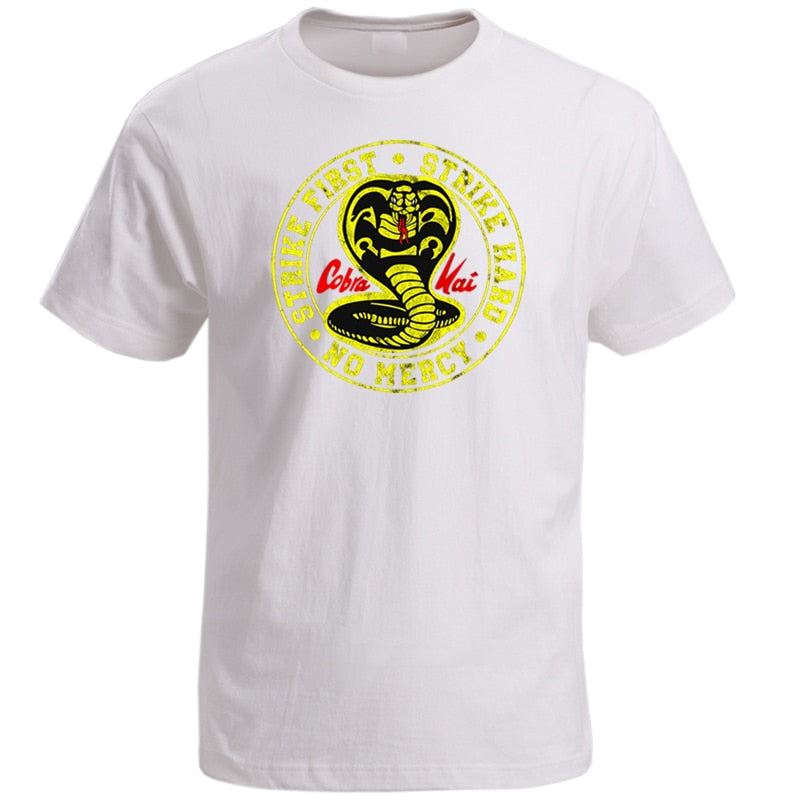 Cobra Kai T Shirt Men Strike First Strike Hard No Mercy Tshirt Shirts Cotton Sum