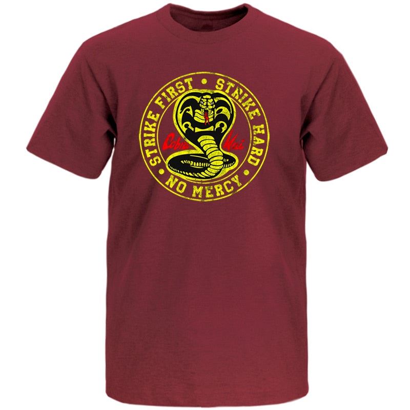 Cobra Kai T Shirt Men Strike First Strike Hard No Mercy Tshirt Shirts Cotton Sum