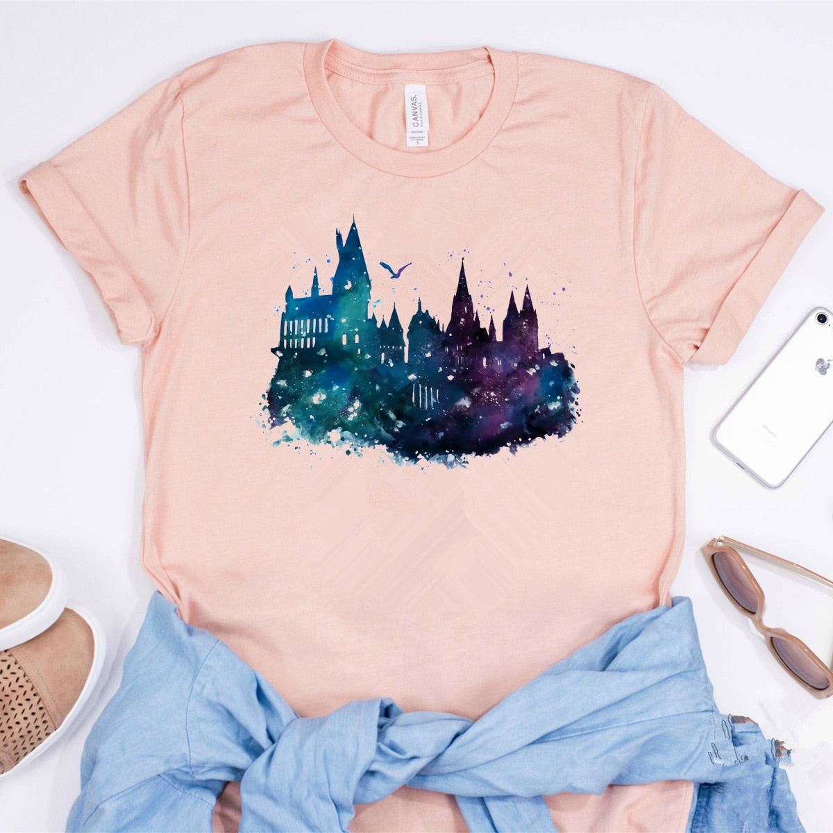 Watercolor Hogwarts School T-shirt The Magical World Hogwarts Shirt Cool Wizard